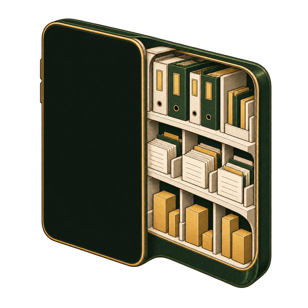Inside a phone: compartments hold accounts, transaction records, and budgets.